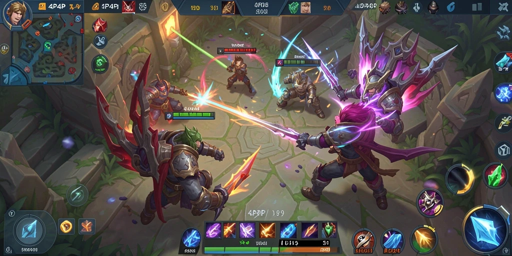 Tangkapan layar gameplay 4P4P menampilkan aksi pertempuran MOBA yang intens.
