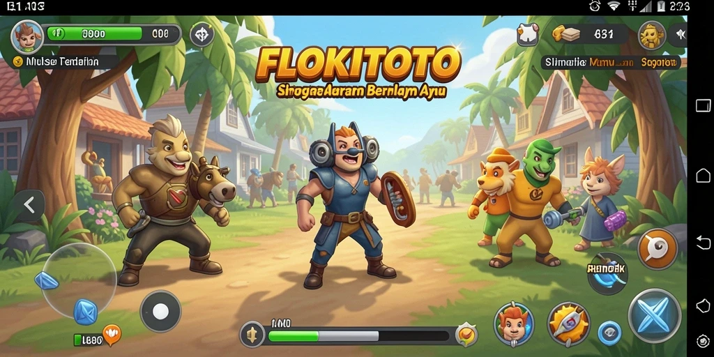 Screenshot utama FLOKITOTO menampilkan gameplay simulasi yang menawan.
