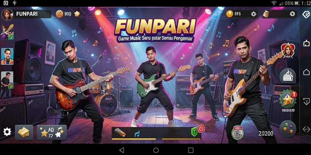Tampilan gameplay seru di FUNPARI yang penuh musik dan tantangan.