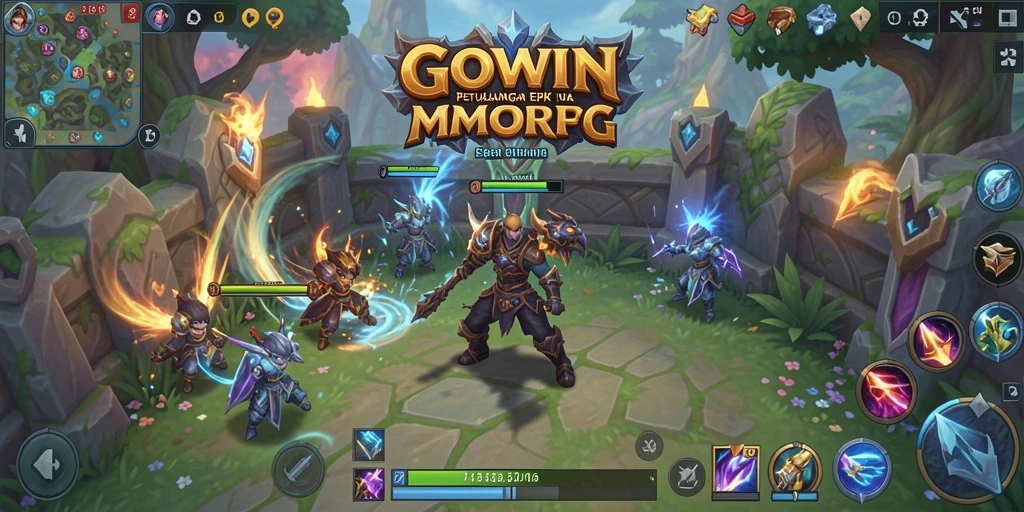 Screenshot gameplay GOWIN menampilkan pertempuran mendebarkan di dunia MMORPG.