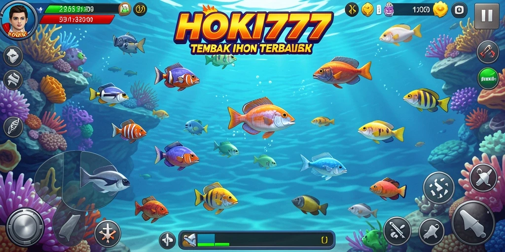Screenshot utama HOKI777 menampilkan aksi menembak ikan yang intens.