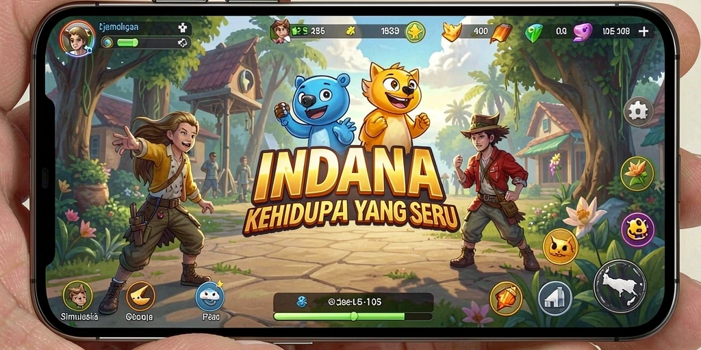 Tangkapan layar utama INDAAA menampilkan gameplay simulasi yang dinamis dan interaktif.
