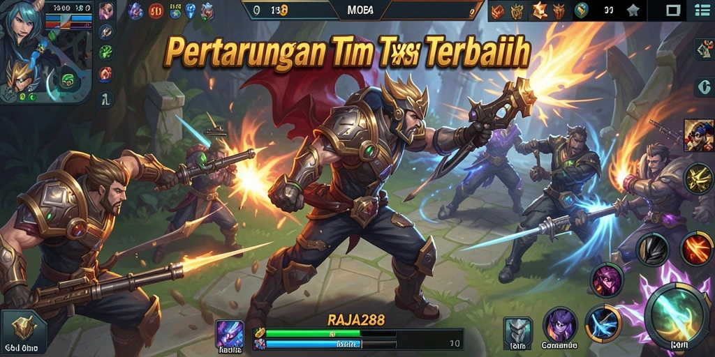 Screenshot gameplay RAJA288 menampilkan pertarungan seru antar tim.