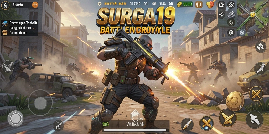 Tangkapan layar SURGA19 menampilkan pemain beraksi dalam pertempuran Battle Royale yang mendebarkan.