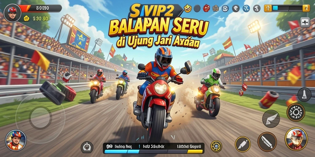 Screenshot utama SVIP2 menampilkan aksi balapan penuh kegembiraan.