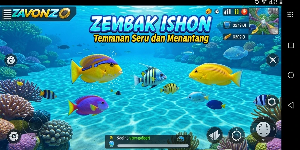 Tampilan gameplay seru dalam ZAVONZO saat menembak ikan.